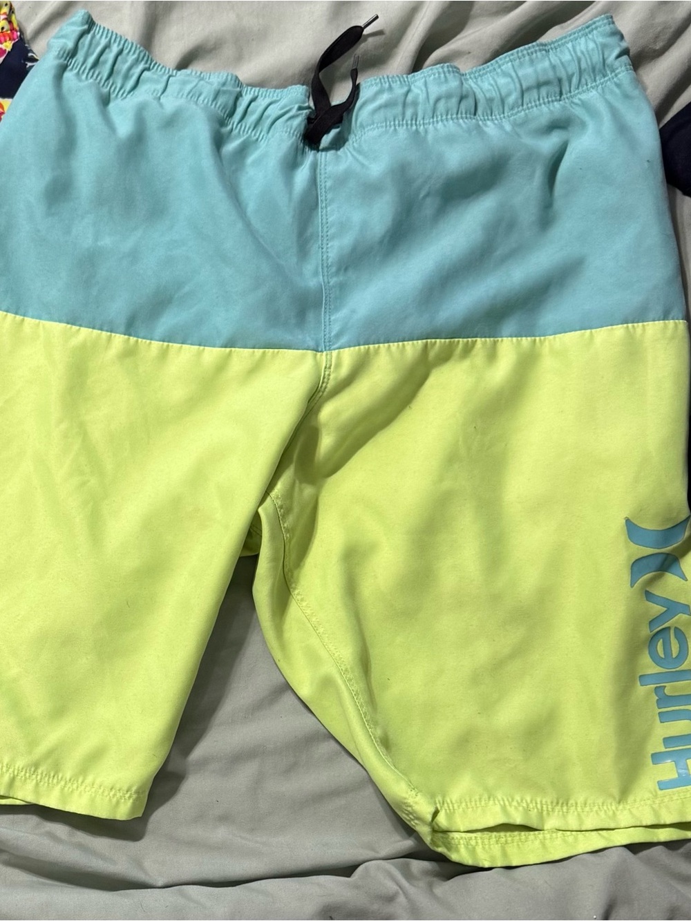 Hurley Aqua and Neon Yellow Colorblock Swim Trunks